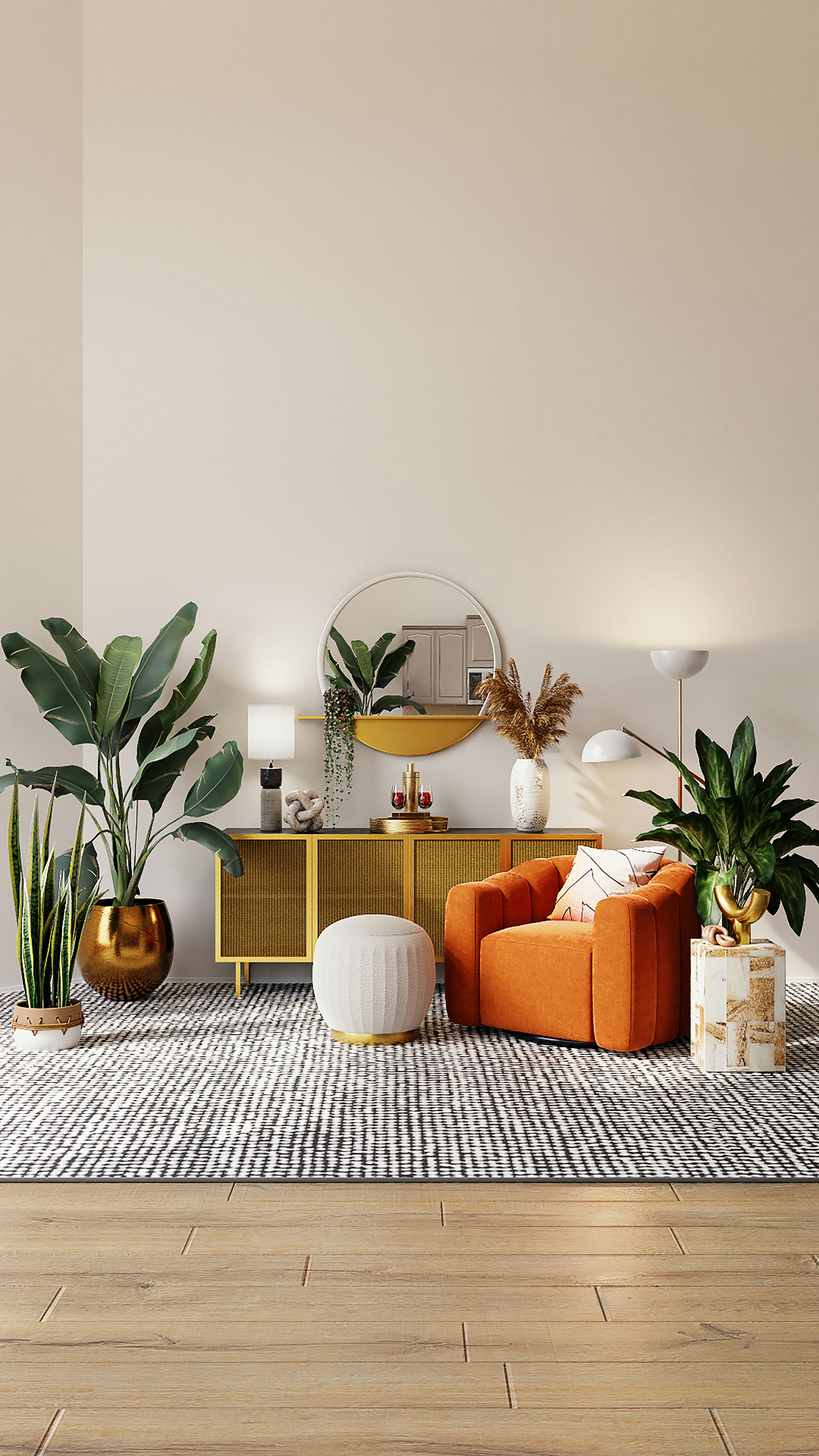 Styled interior lounge with plants and orange chair