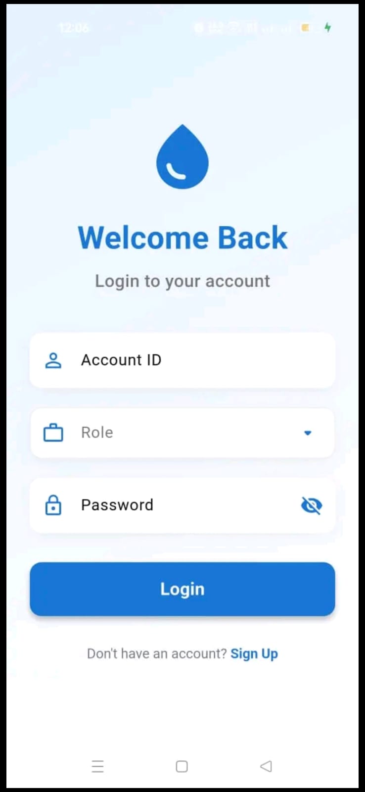 Crystal Drops app login screen