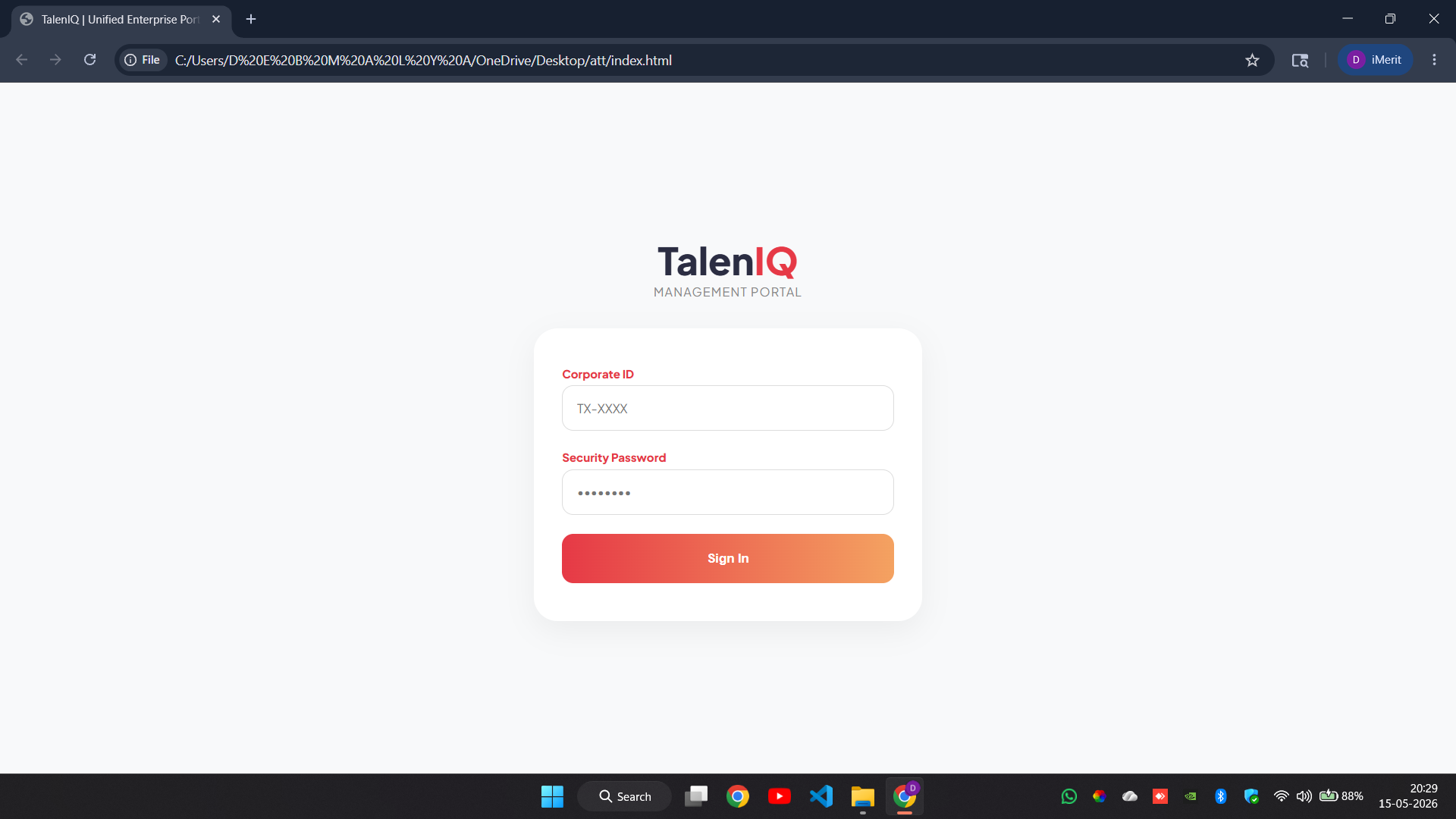 TalenIQ management portal login screen in browser