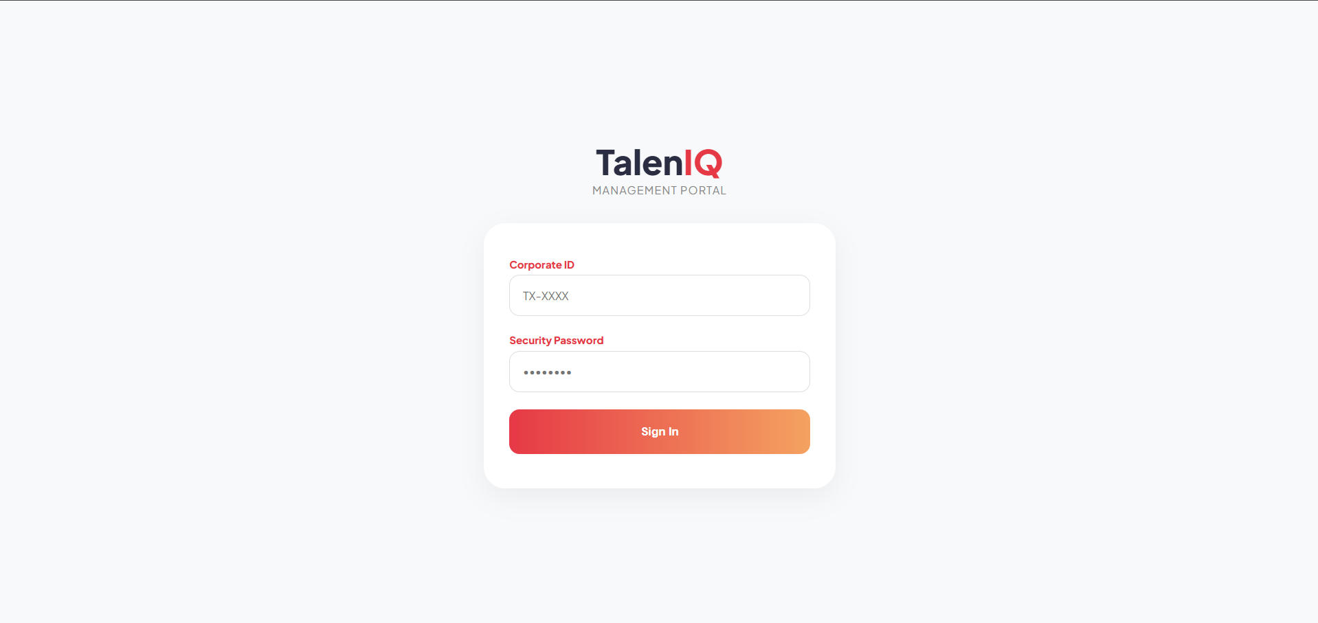 TalenIQ management portal sign in screen